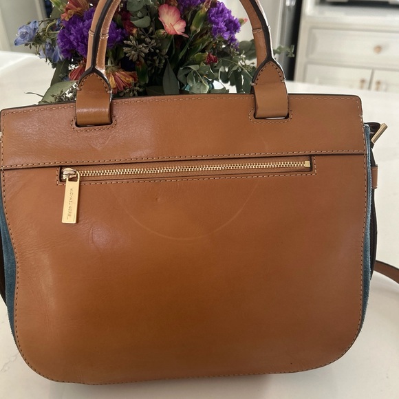 MICHAEL KORS ROMY DENIM BLUE SUEDE BROWN CROSSBODY MESSENGER BAG SATCHEL - Picture 6 of 16
